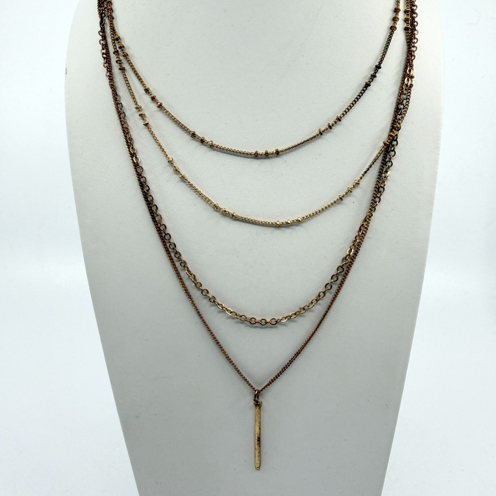 Multi-Layered Gold-Tone Chain Necklace with Bar Pendant Minimalist Jewelry Gift